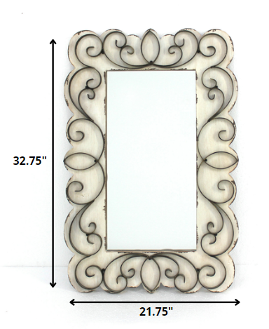 32.75 x 21.75 x 1.25 White Vintage Decorative Wood & Metal  Wall Mirror
