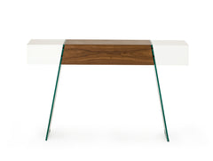 29' White and Walnut Veneer  MDF  and Glass Floating Console Table