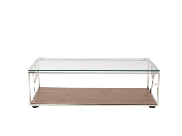 15' Walnut Veneer  Glass  and Steel Coffee Table