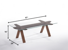 16' Walnut Wood and Glass Coffee Table