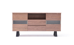 32' Walnut Veneer  Metal  and Glass Buffet