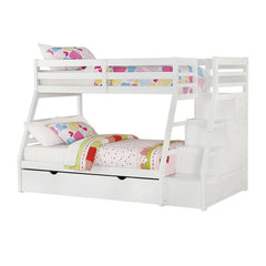 95' X 56' X 65' Twin Over Full White Storage Ladder And Trundle Bunk Bed