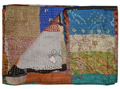 60" x 90" Multicolor Kantha Silk Throw Quilt Blanket