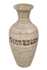 12" X 12" X 25" Distressed White W/ Coconut Shell Bamboo Spun Bamboo Floor Vase