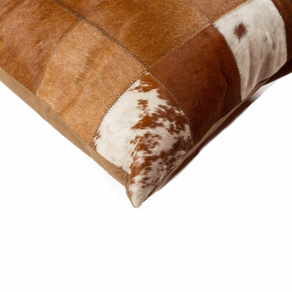 18" x 18" x 5" Brown And White Patchwork Cowhide  Pillow