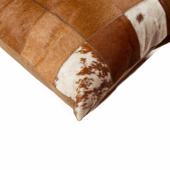 18" x 18" x 5" Brown And White Patchwork Cowhide  Pillow