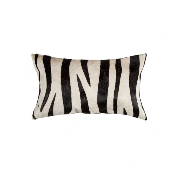 12" x 20" x 5" Zebra Black On Off White Cowhide  Pillow