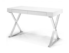 Desk Large High Gloss White Two Drawers Stainless Steel Base