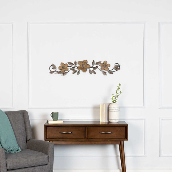 Floral and Espresso Wood Over The Door Metal Wall Decor