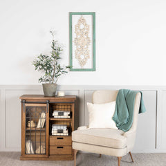 Distressed White and Turquoise Framed Scroll Metal Panel