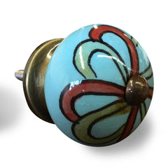 Bohemian Floral Turquoise Handprinted Set of 8 Ceramic Knobs