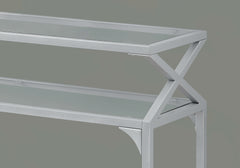 12" x 42" x 32" Silver Metal and Clear Tempered Glass Accent Table