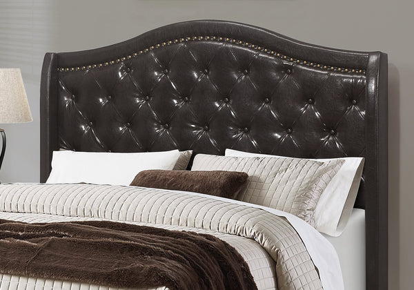 66.5" x 87.5" x 56.5" Brown Foam Solid Wood Leather Look Queen Size Bed With A Brass Trim