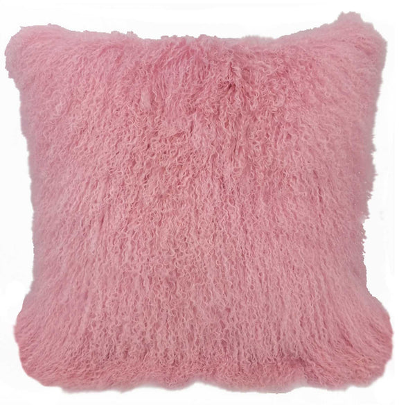 24" Pink Genuine Tibetan Lamb Fur Pillow with Microsuede Backing