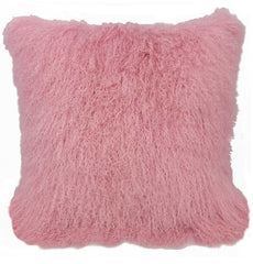 24" Pink Genuine Tibetan Lamb Fur Pillow with Microsuede Backing