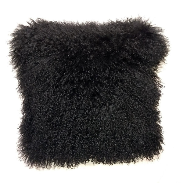24" Black Genuine Tibetan Lamb Fur Pillow with Microsuede Backing