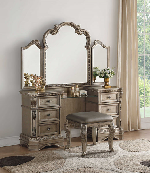 18' X 58' X 69' Antique Champagne Wood Poly Resin Vanity Desk