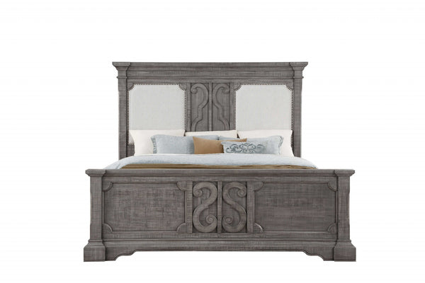 67' X 91' X 68' Tan Fabric Salvaged Natural Wood Upholstered (HB) Queen Bed