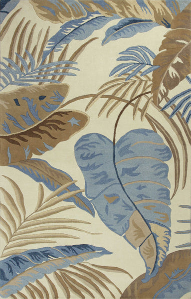 5'x8' Ivory Blue Hand Tufted Tropical Leaves Indoor Area Rug