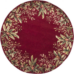 8' Ruby Red Hand Tufted Bordered Tropical Plants Round Indoor Area Rug