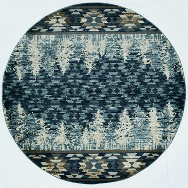 7' Round Slate Blue Winter Pine Trees Indoor Area Rug