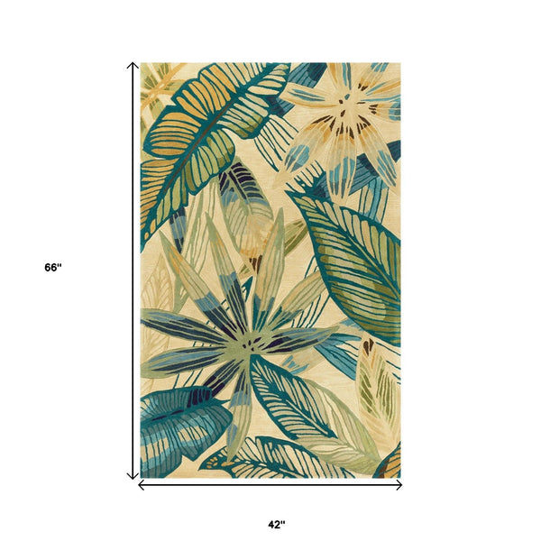 3' x 5' Ivory or Teal Tropical Leaves Wool Indoor Area Rug