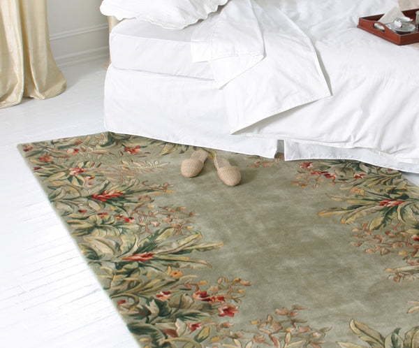 8' Sage Green Hand Tufted Bordered Floral Indoor Runner Rug