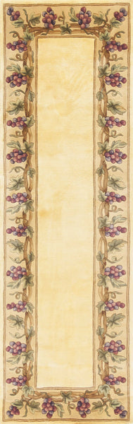 2' x 8' Ivory Grapes and Vines Bordered Wool Indoor Runner Rug