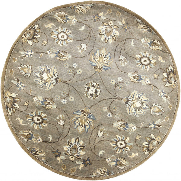 5' Round Grey Floral Vine Wool Indoor Area Rug