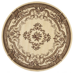 8' Ivory Machine Woven Hand Carved Floral Medallion Round Indoor Area Rug