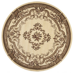 8' Ivory Machine Woven Hand Carved Floral Medallion Round Indoor Area Rug