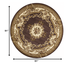 8' Plum Ivory Machine Woven Hand Carved Floral Medallion Round Indoor Area Rug