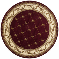 7' Round Burgundy Diamond Fleur de Lis Bordered Indoor Area Rug