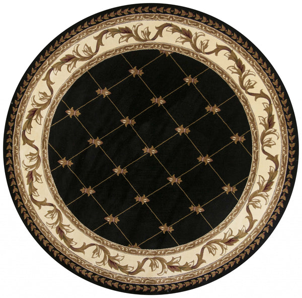 7' Round Black Diamond Fleur de Lis Bordered Indoor Area Rug