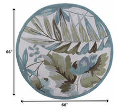 6' Ivory Teal Hand Tufted Tropical Leaves Round Indoor Area Rug