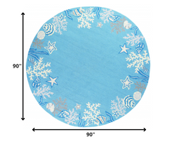 8' Sea Blue Hand Hooked Bordered Coral Reef Round Indoor Area Rug