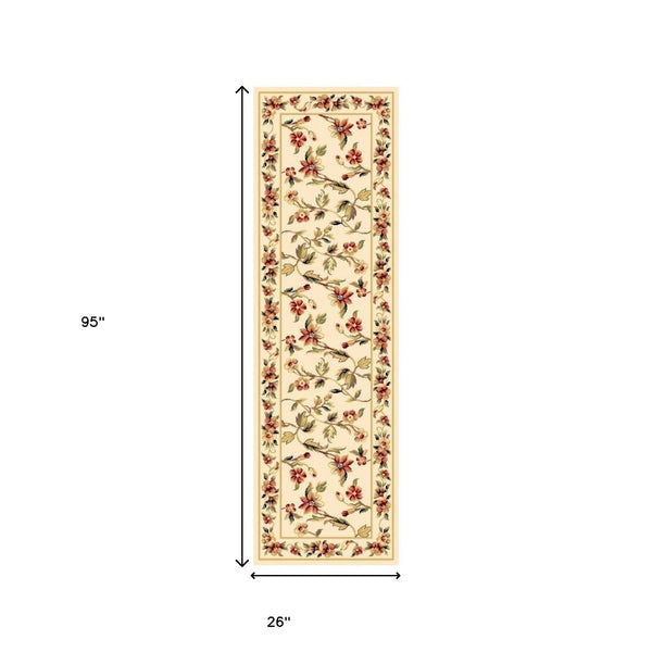 2' x 8' Ivory Floral Vine Runner Rug