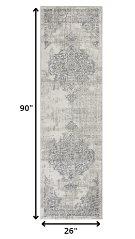 8' Ivory Grey Machine Woven Floral Medallion Indoor Runner Rug