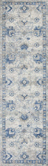 8' Grey Blue Machine Woven Bordered Floral Indoor Runner Rug