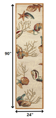 8' Beige Hand Hooked Sea Shells Indoor Runner Rug