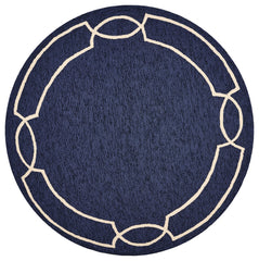 7' Ocean Blue Hand Hooked UV Treated Bordered Round Indoor Outdoor Area Rug