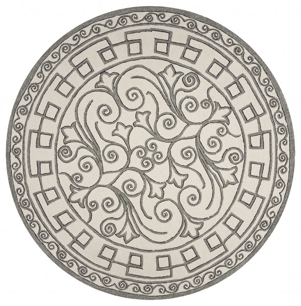 8' Ivory Grey Hand Woven UV Treated Greek Key Medallion Round Indoor Outdoor Area Rug