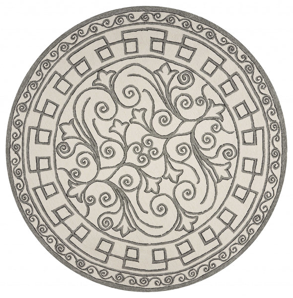 8' Ivory Grey Hand Woven UV Treated Greek Key Medallion Round Indoor Outdoor Area Rug