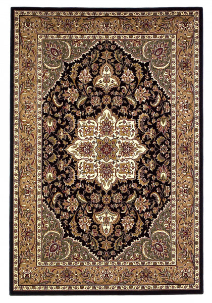 8'x11' Black Beige Machine Woven Floral Medallion Indoor Area Rug