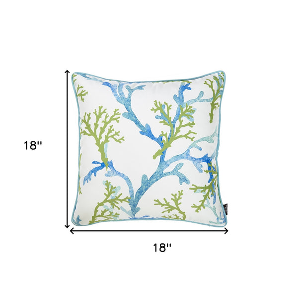 Square White Blue And Green Coral Decorative Throw Pillow Cover