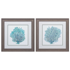 19' X 19' Distressed Wood Toned Frame Teal Coral On White (Set of 2)