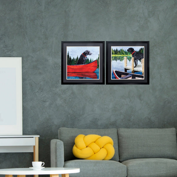 24' X 24' Dark Wood Toned Frame Dogs On Lake (Set of 2)