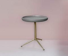 Sleek Round Gray Wood and Goldtone Side End Table 22 H