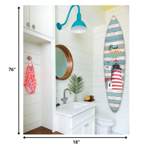 18 x 1 x 76 Wood Blue Lighthouse Surfboard Wall Art