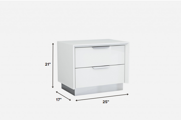 White and Stainless Steel Two Drawer Nightstand